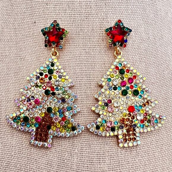 Christmas Tree Gold Tone Sparkling Rhinestone Statement Dangle Earrings - Picture 2 of 4